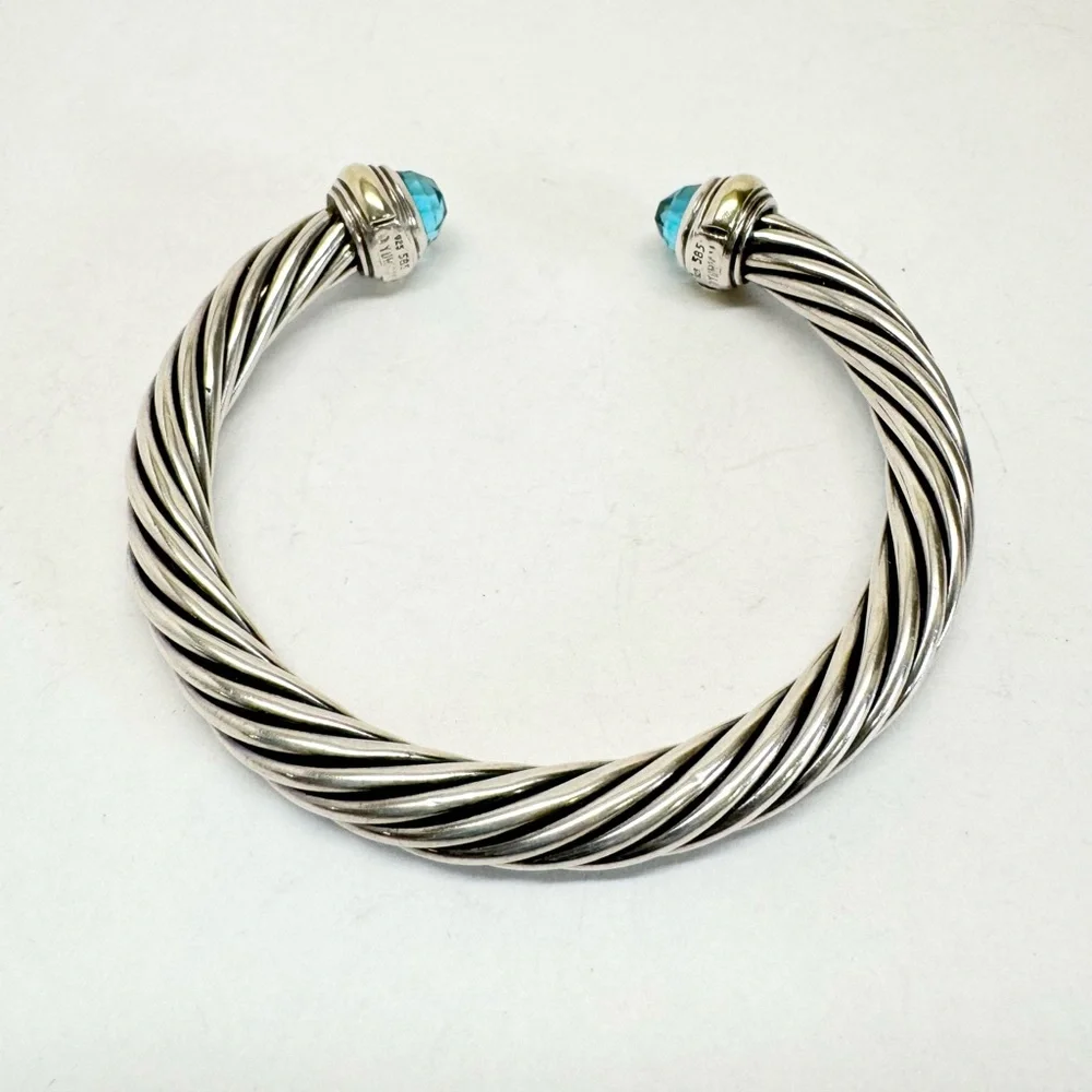 David Yurman 7mm Blue Topaz Cable Classic Cuff Bracelet .925/14K - Picture 5 of 10